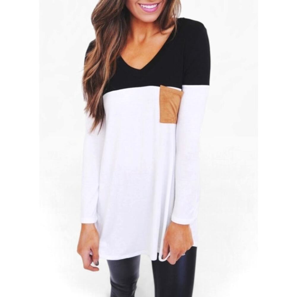 Vanilla Bay Women's Medium White Black Long Sleeve Pocket Colorblock V-Neck Tee